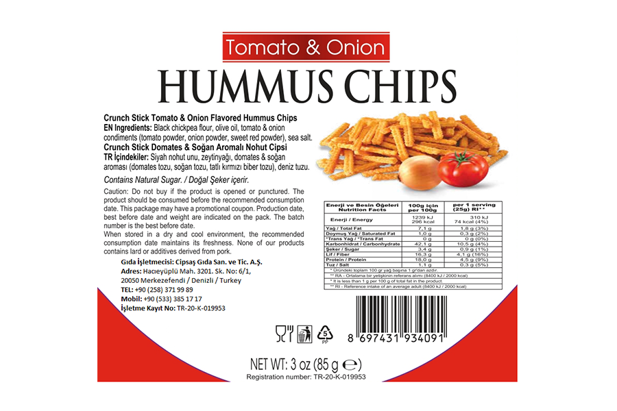 Cipsaş Crunch Stick Domates & Soğan Aromalı Vegan Glütensiz Zeytinyağlı Nohut Cipsi (Hummus Chips) 85g