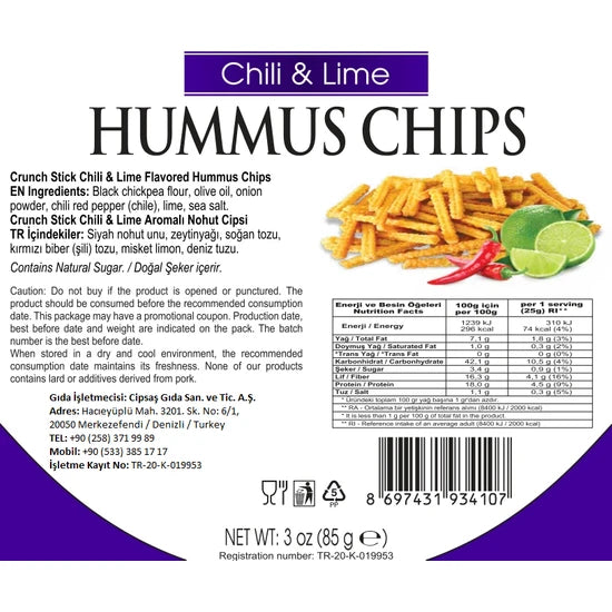 Cipsaş Crunch Stick Acı Biber & Misket Limonu Aromalı Vegan Glütensiz Zeytinyağlı Fırınlanmış Nohut Cipsi (Hummus Chips) 85g