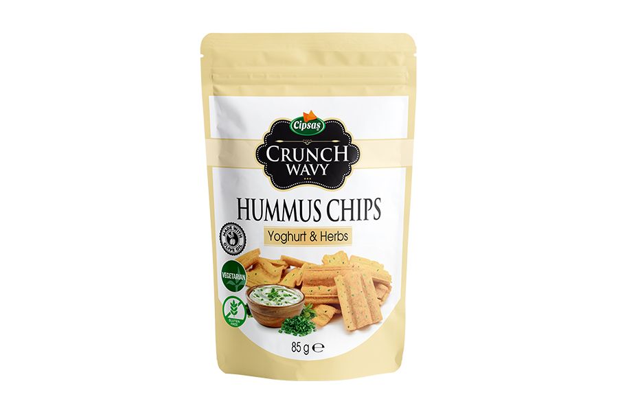 Cipsaş Crunch Wavy Yoğurt &amp; Mevsim Yeşillikleri Aromalı Vejetaryen Glütensiz Zeytinyağlı Nohut Cipsi (Hummus Chips) 85g