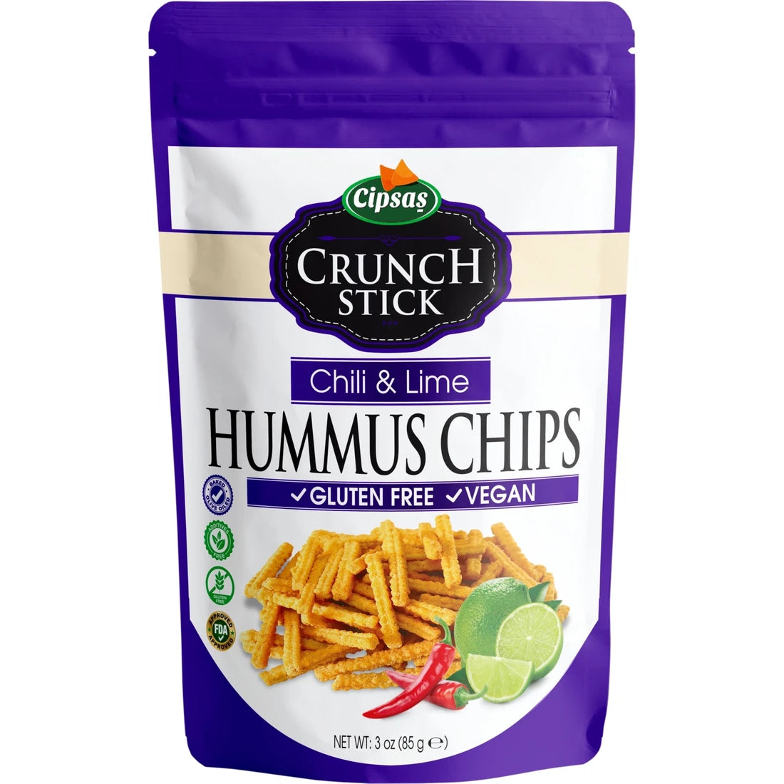 Cipsaş Crunch Stick Acı Biber & Misket Limonu Aromalı Vegan Glütensiz Zeytinyağlı Fırınlanmış Nohut Cipsi (Hummus Chips) 85g